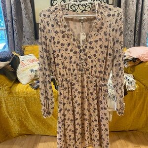 Joie Beige and Navy Floral Long Sleeve Dress